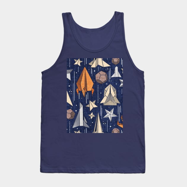 Reaching for the stars // pattern // navy blue background ivory grey brown and orange origami paper asteroids stars and space ships traveling light speed Tank Top by SelmaCardoso